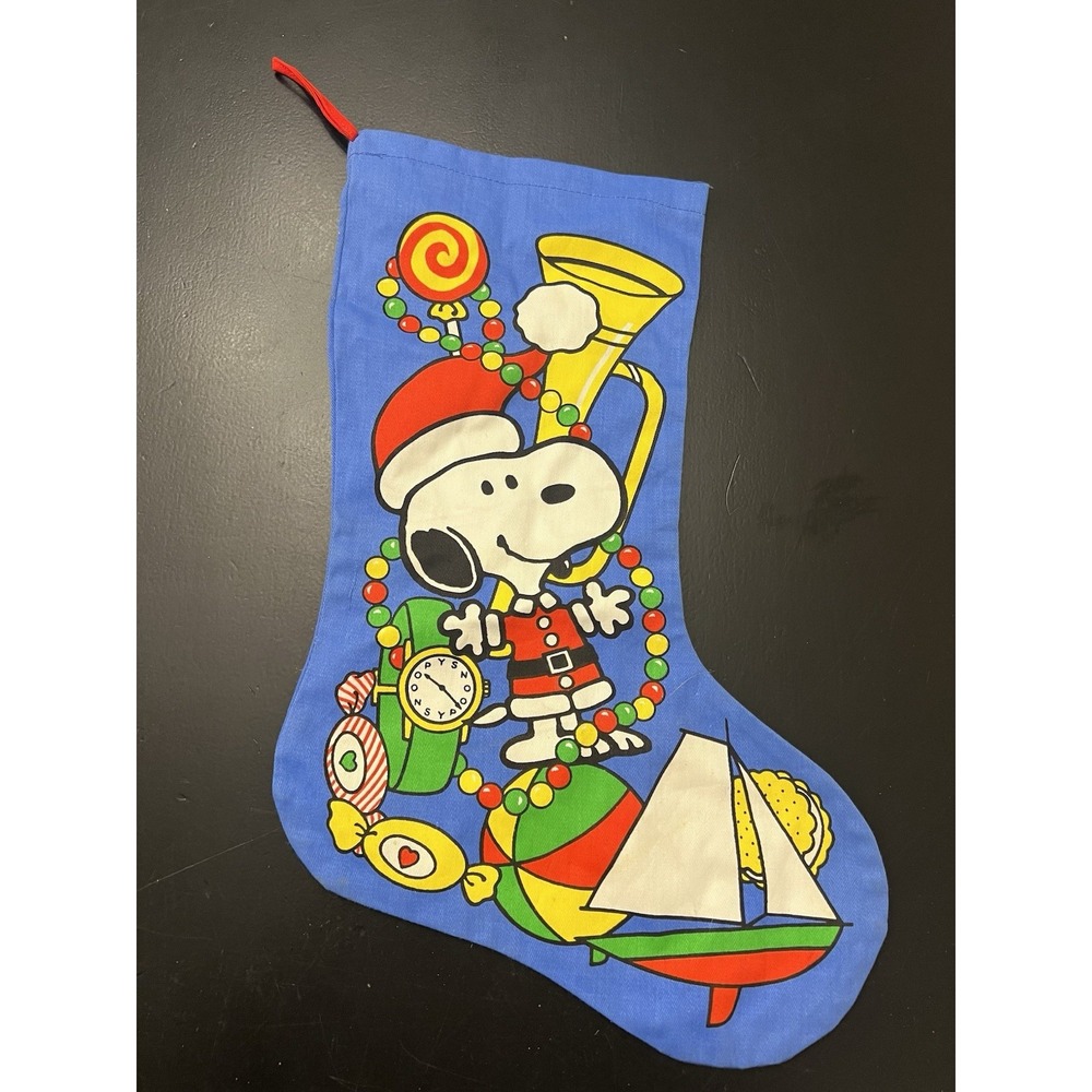 Vintage Snoopy Christmas Stocking Cotton Blue United Feature Hong Kong Made